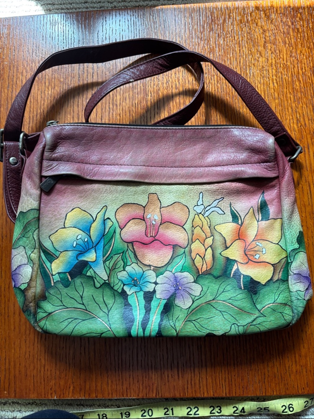 ANUSCHKA Floral Painted Genuine Leather purse. Adjustable shoulder strap.